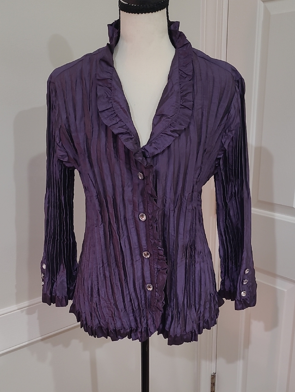 Agora Vintage Y2K Purple Crinkle Frill Button-Front Women's Blouse - Size L